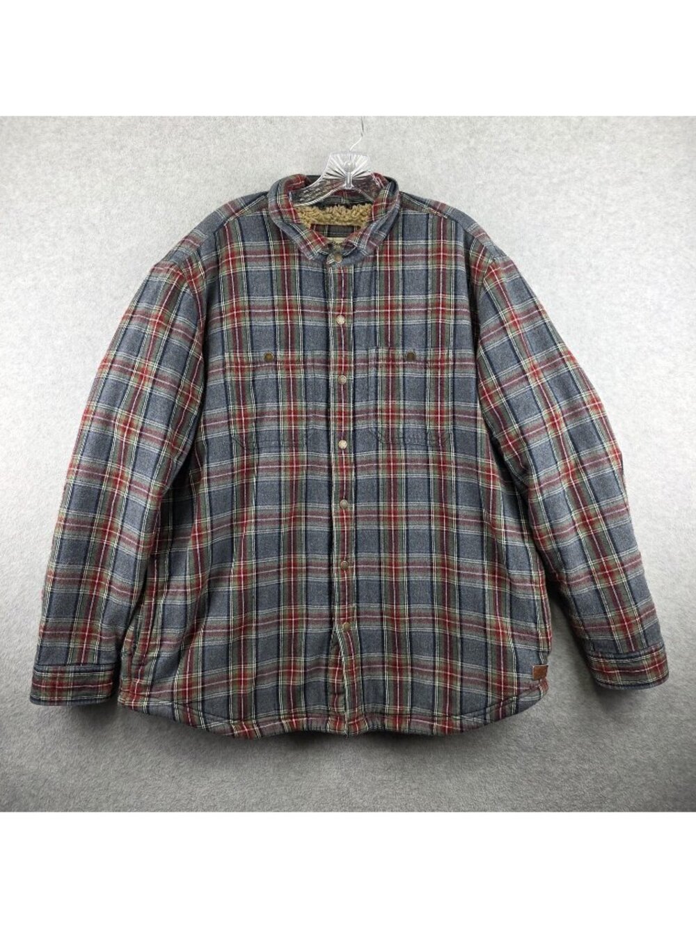 L.L.Bean Jacket Mens XL Gray Quilted Sherpa Lined Plaid Flannel Snap Collared
